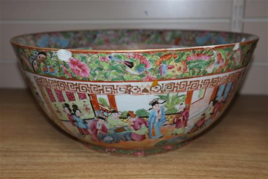 A Chinese Canton famille rose punch bowl, c. 1830-50, Dia 36cm